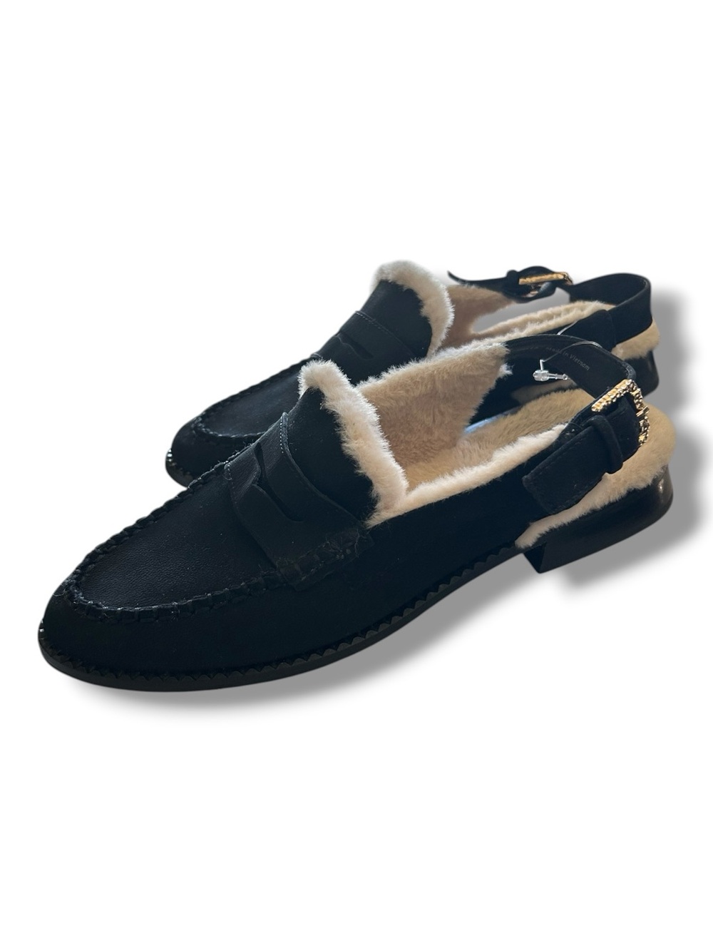 DOLCE VITA Slingback Loafers Hardi Plush Black NuBuck Suede Shearling-Lined 7.5